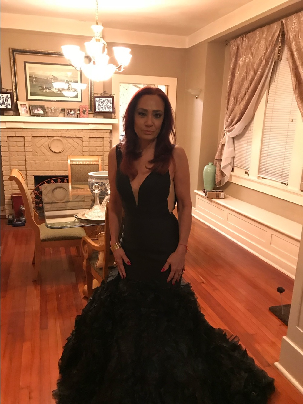 Sherri Hill Black Plunging V-Neck Mermaid Gown with Ruffled Skirt - Picture 2 of 11